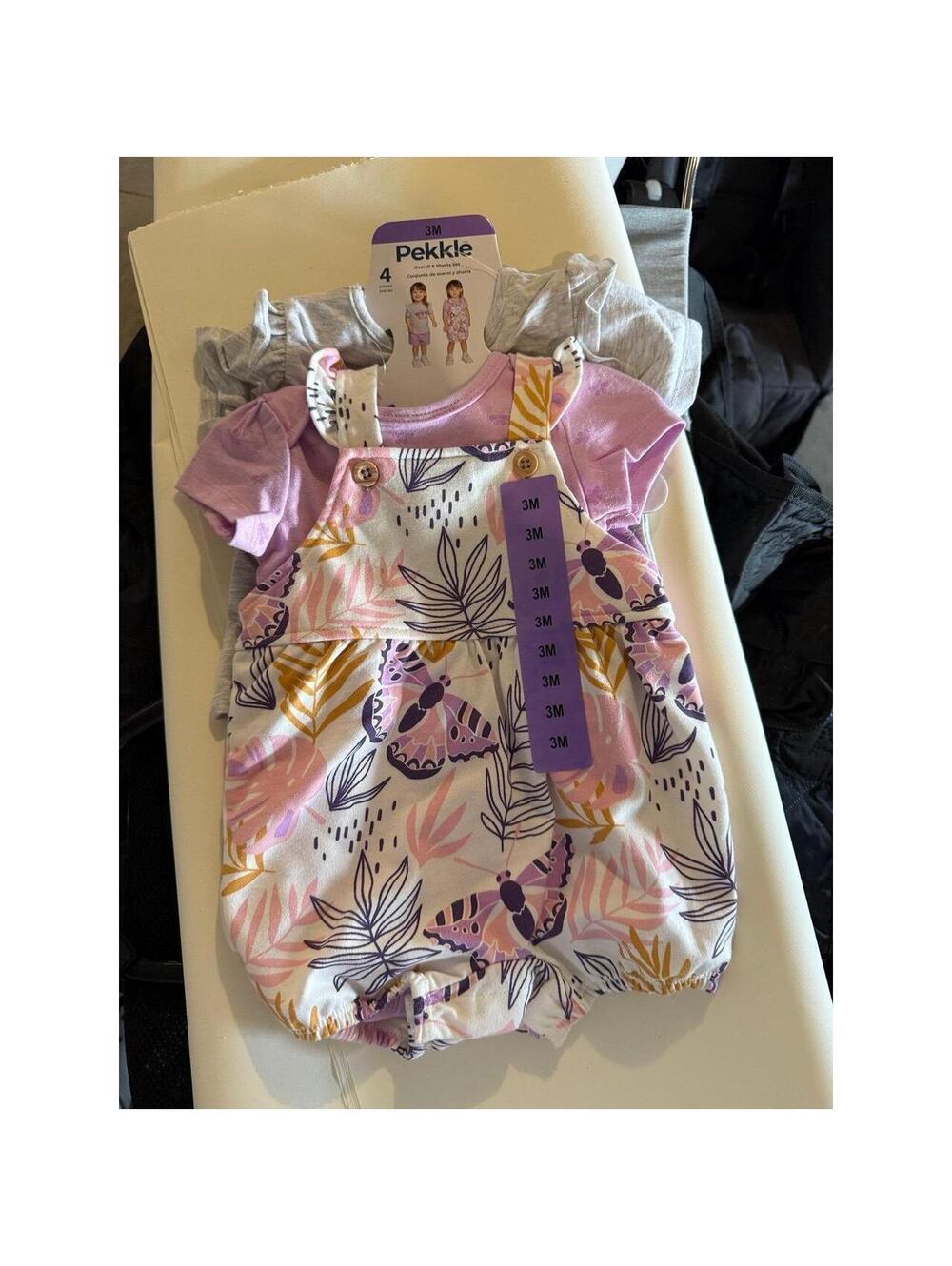 Pekkle Baby Girls 4 Piece Overall and Shorts Set 3M Butterfly Floral Purple Grey